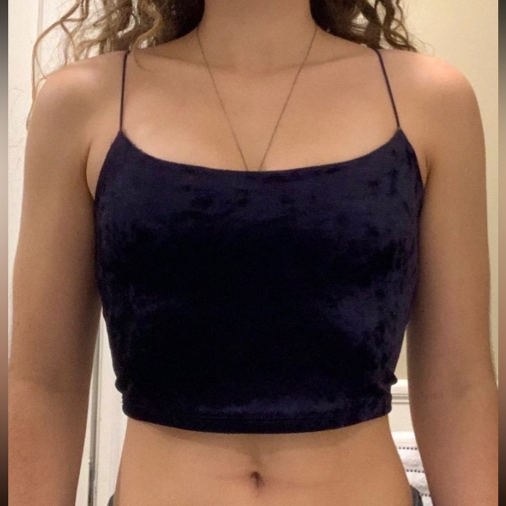 Garage Navy Blue Crushed Velvet Cropped Tank Top